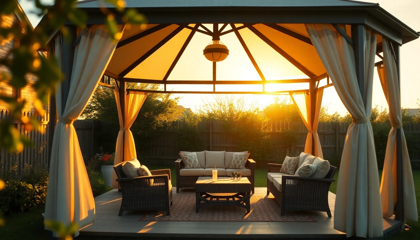 Welcoming gazebo in Ireland surrounded by lush greenery, perfect for outdoor gatherings.