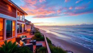 View stunning vacation rentals for sale with modern architecture against a sunset background.