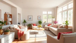 Visualize the entire interior of a beautifully designed living room with soft neutrals and stylish decor.