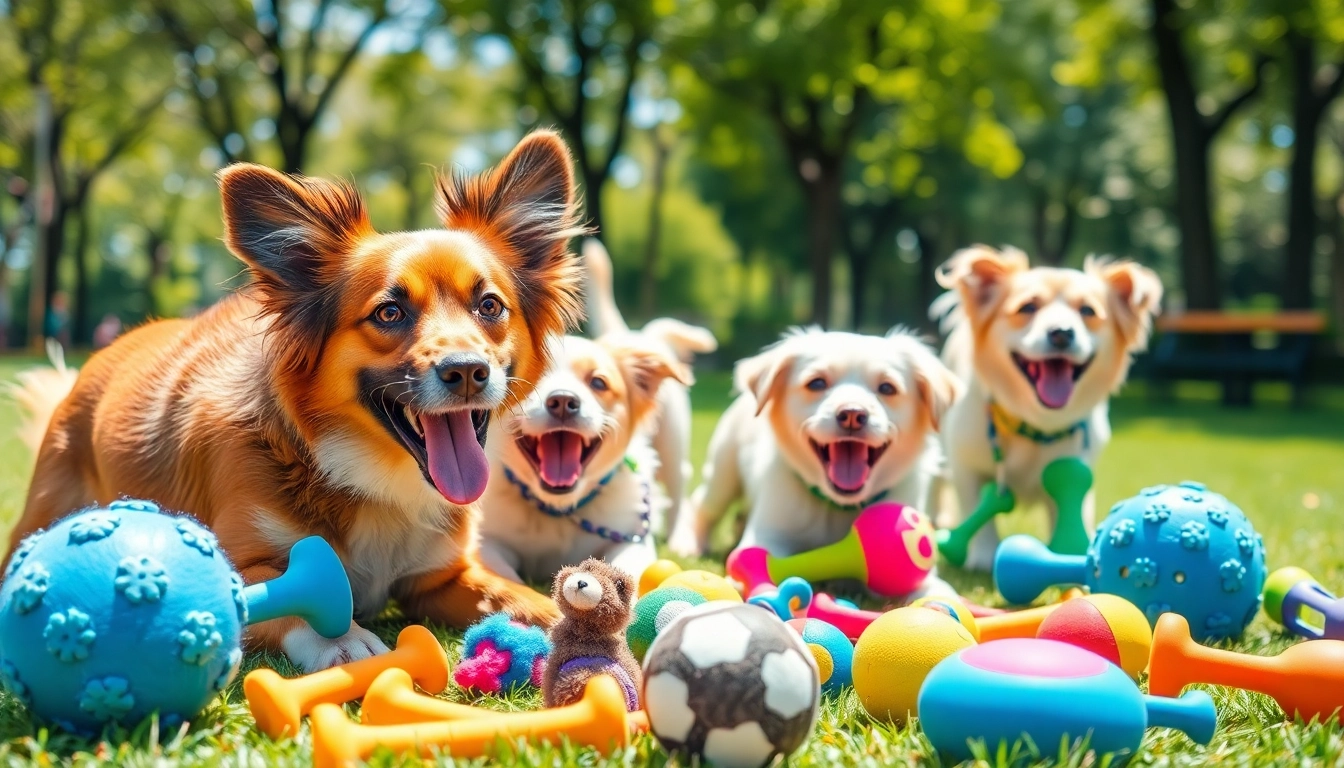 Dogs joyfully playing with a variety of pet toys in a sunny park setting, showcasing fun and engagement.