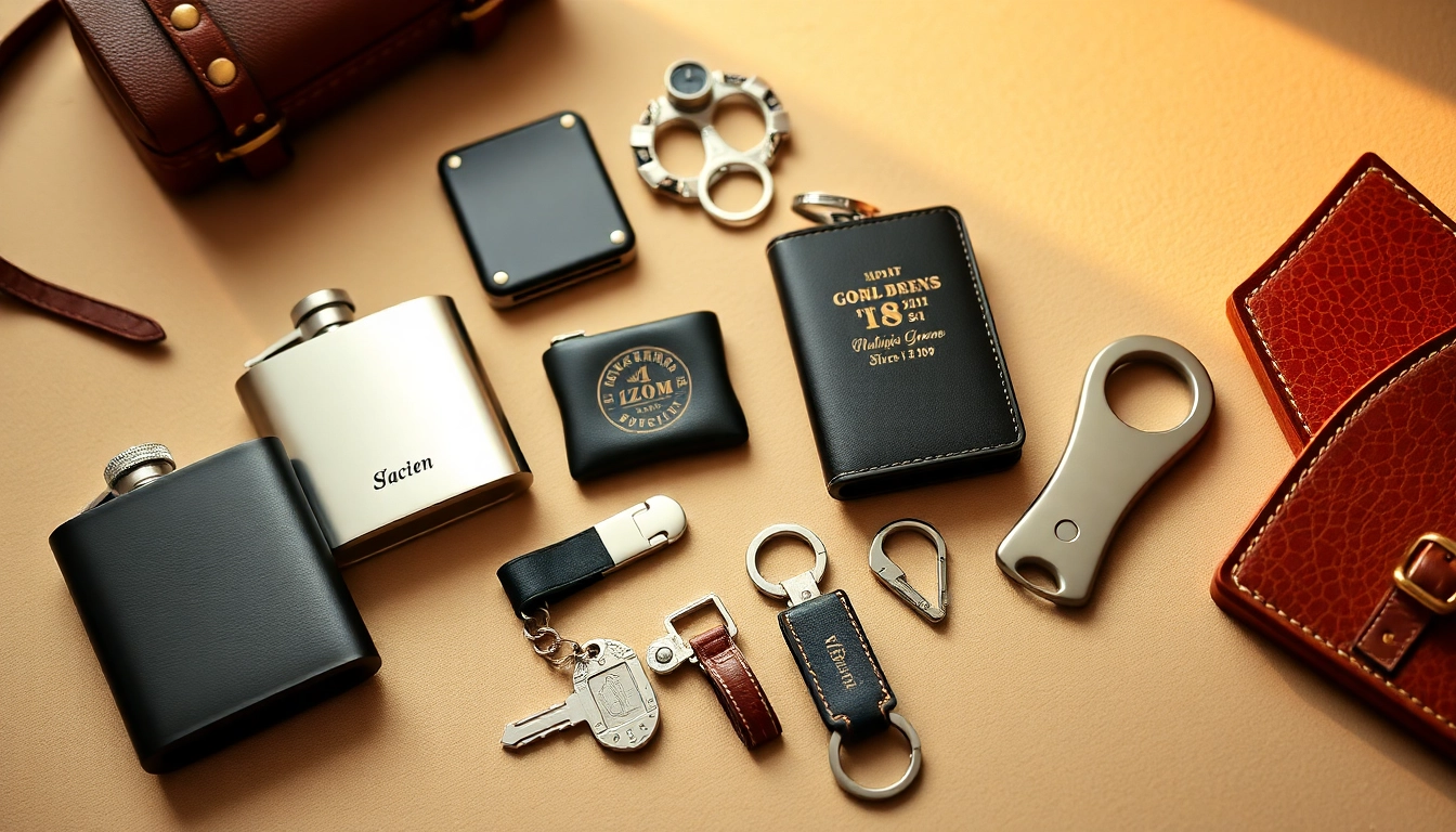 Explore affordable, personalized cheap groomsmen gifts like flasks and keychains arranged beautifully.