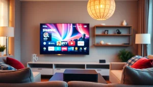 Promote abonnement iptv with a sleek smart TV in a cozy living room environment, emphasizing vibrant streaming options.