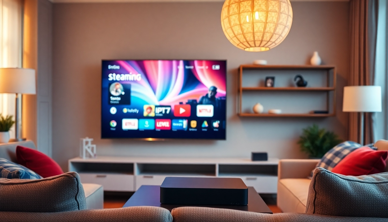 Promote abonnement iptv with a sleek smart TV in a cozy living room environment, emphasizing vibrant streaming options.