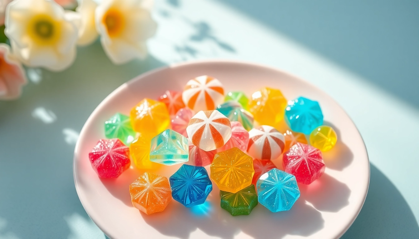 Indulge in Gemini Crystal Candy's vibrant crystal candies beautifully arranged on a pastel plate.