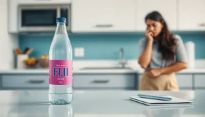 Fiji water bottles recalled: consumer examines the recall details on a kitchen countertop.