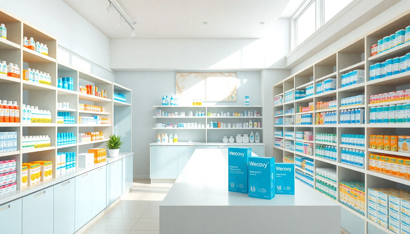 Kopen Wegovy Zonder Recept - A bright pharmacy scene showcasing Wegovy weight loss products.