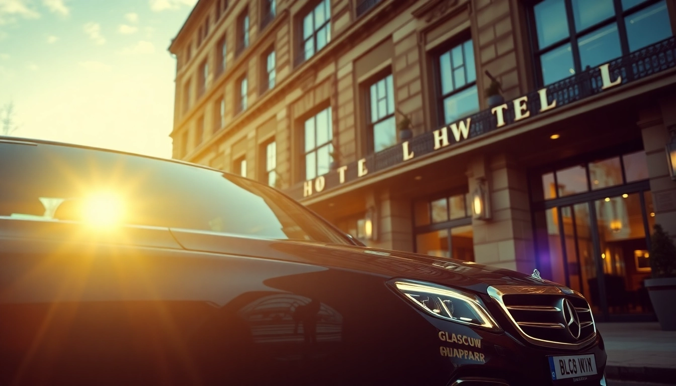 Luxury vehicle for professional driver hire Glasgow positioned outside a premium hotel.