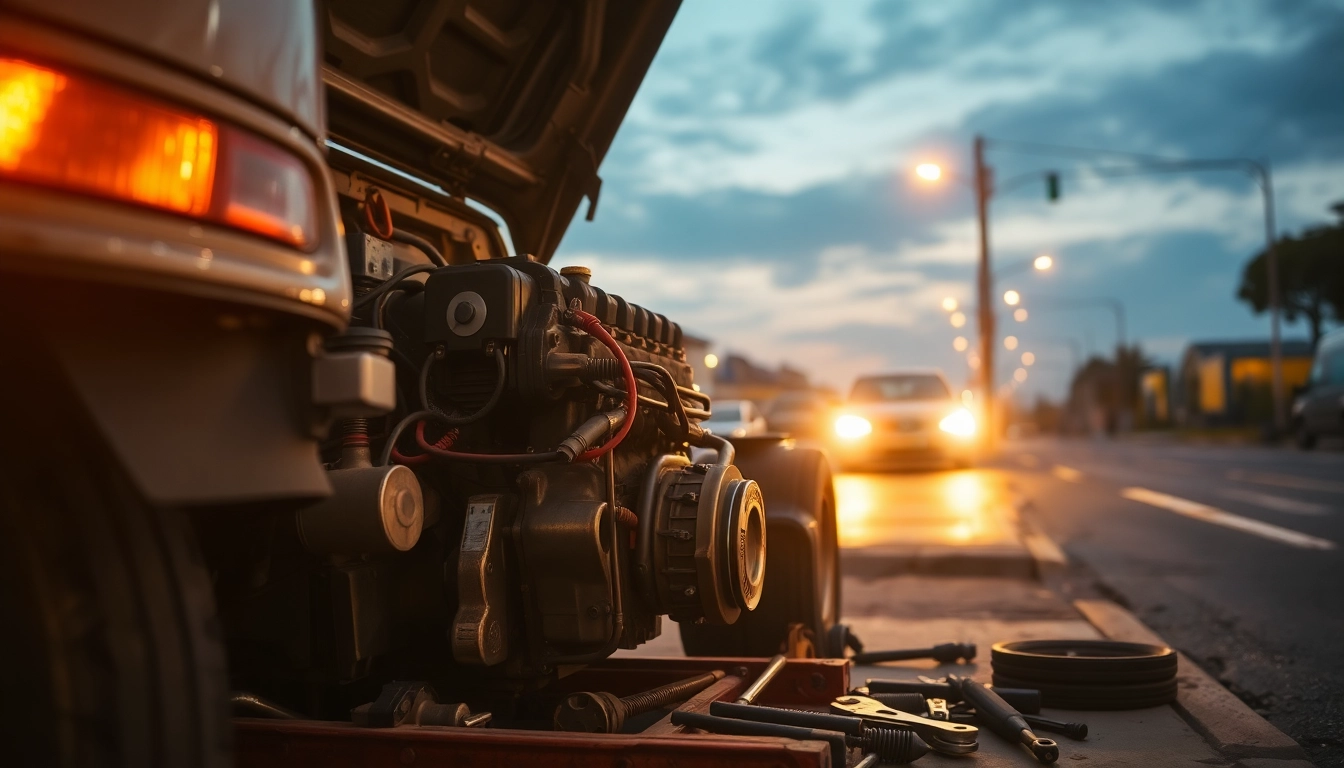 Emergency roadside diesel engine repair near me, showcasing a mechanic fixing a truck at twilight.