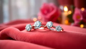 Admire stunning 2 Carat Engagement Rings featuring brilliant cut diamonds on display, reflecting light beautifully.