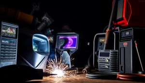 Explore essential welding supplies such as helmets, machines, and accessories showcased in a professional setting.