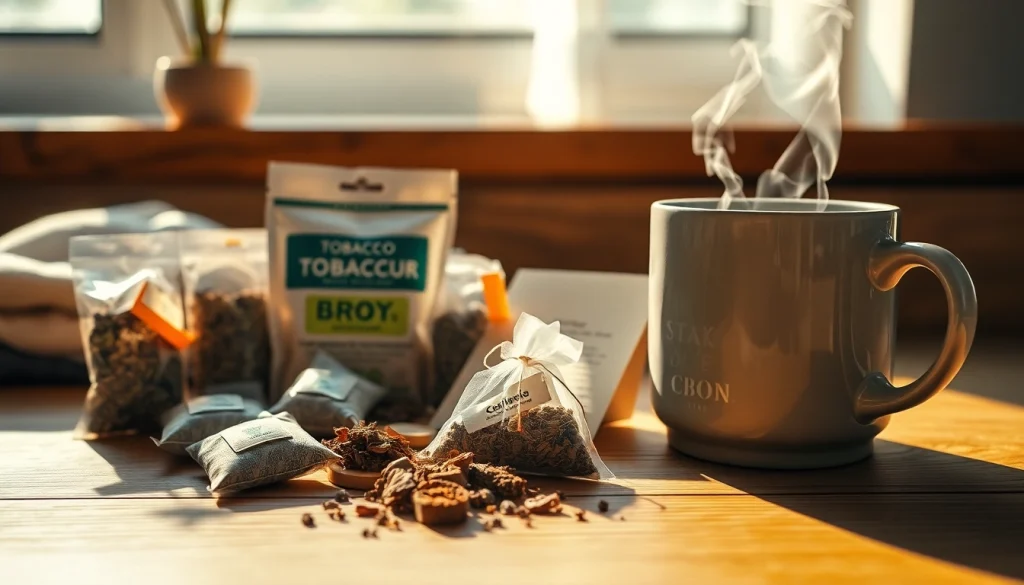 Tobacco replacement products displayed elegantly on a wooden surface, showcasing herbal alternatives.