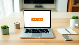 Engage with the prompt by clicking 1click here on the laptop screen in a bright, modern workspace.