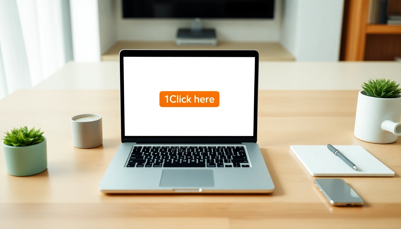 Engage with the prompt by clicking 1click here on the laptop screen in a bright, modern workspace.
