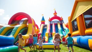 Explore Inflatable Rental Near Me with kids enjoying vibrant inflatables at a sunny outdoor party.