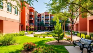 Stunning exterior view of Glendale AZ apartments surrounded by lush gardens and modern architecture.