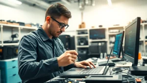 Riparazione pc torino con un tecnico professionista mentre ripara un laptop in un negozio affollato.