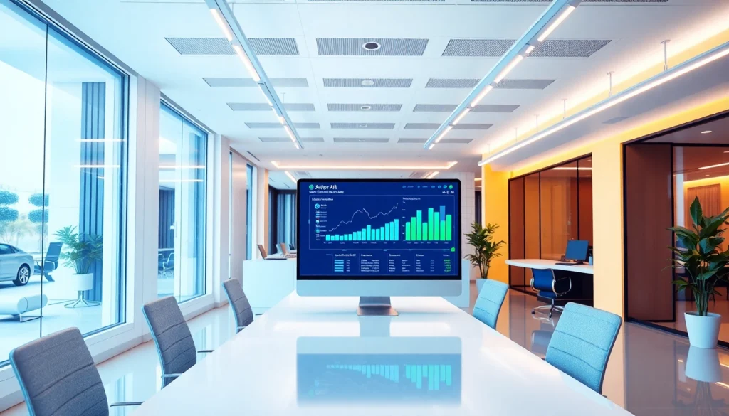 Showcase a futuristic office utilizing Sales AI technology for modern analytics and productivity.
