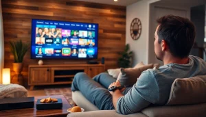 Experience a free trial IPTV subscription in a cozy home setup with vibrant channels on screen.