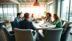 Boost trade marketing strategies with a professional team brainstorming in a bright office.