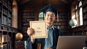 Showcasing a proud graduate holding an original UK degree amidst a classic library setting.