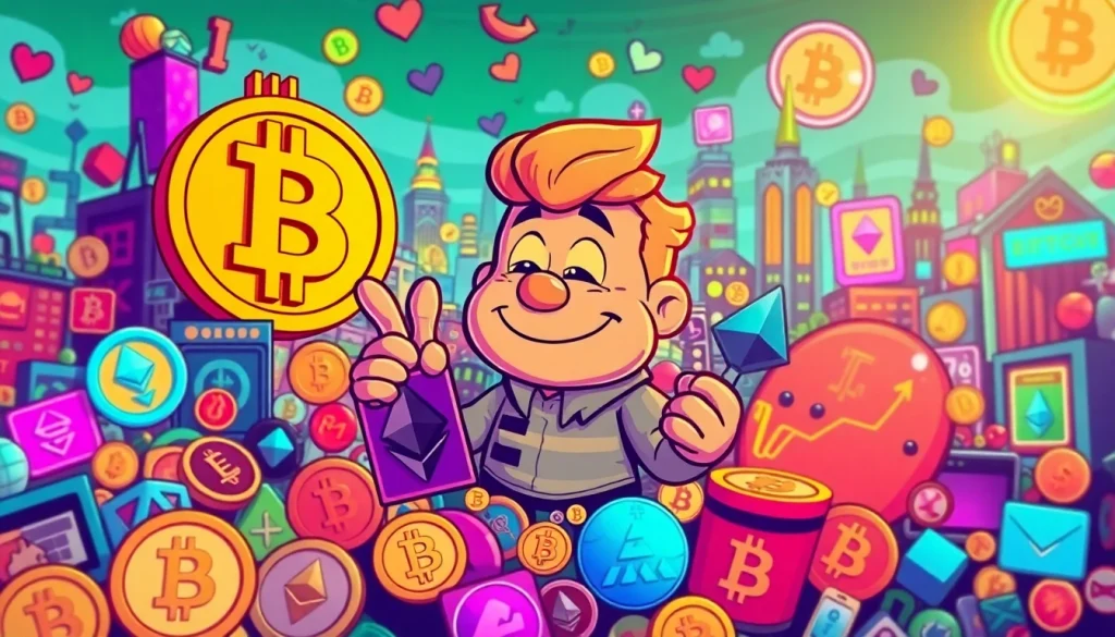 Vintage meme crypto character engaging with digital currencies in a colorful, vibrant setting.