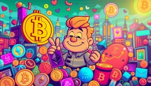Vintage meme crypto character engaging with digital currencies in a colorful, vibrant setting.