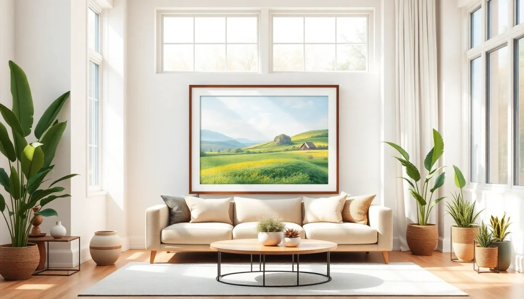 Displaying a beautifully crafted 20x30 frame with a vibrant landscape artwork in a cozy living room.