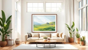 Displaying a beautifully crafted 20x30 frame with a vibrant landscape artwork in a cozy living room.