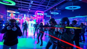 Engaged players enjoying a thrilling laser tag game in an illuminated arena.