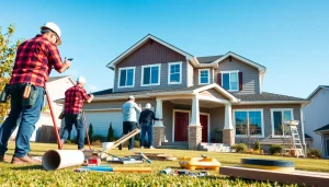 Expert exterior renovation team applying new siding to a home, showcasing quality craftsmanship.
