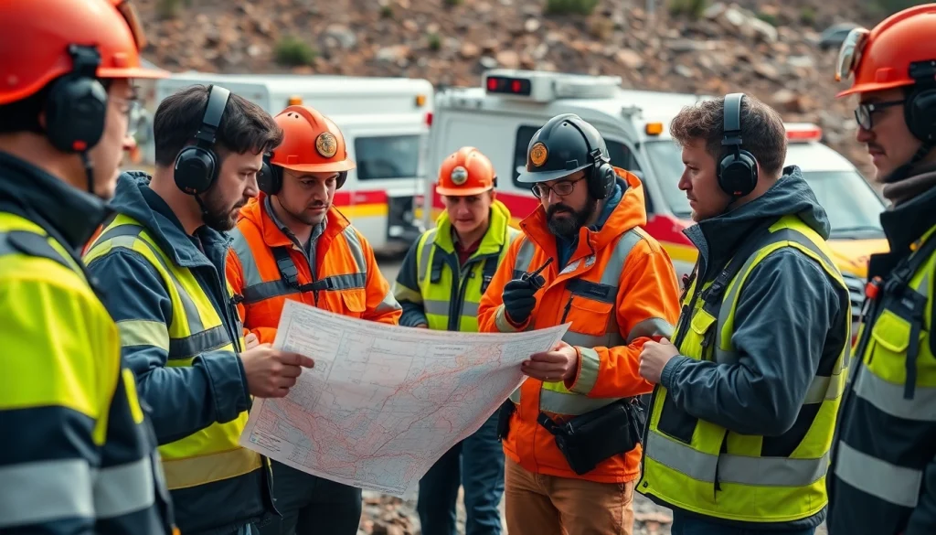 Engaging emergency response planning scene with professionals coordinating efforts in a simulated disaster.