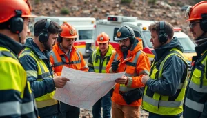Engaging emergency response planning scene with professionals coordinating efforts in a simulated disaster.