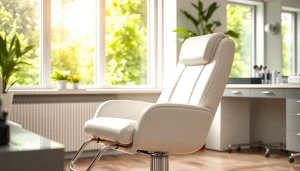 Behandeln Sie Kunden bequem mit dem modernen kosmetikstuhl in eleganter Salonumgebung.