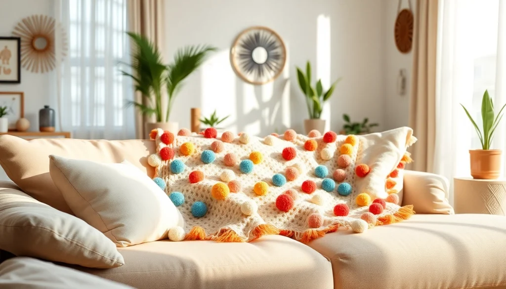 Showcasing Moroccan Cotton Pompom Blankets on a cozy sofa, highlighting vibrant colors and soft textures.