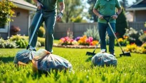 Efficient dog poop cleanup service team collecting waste in a clean backyard.