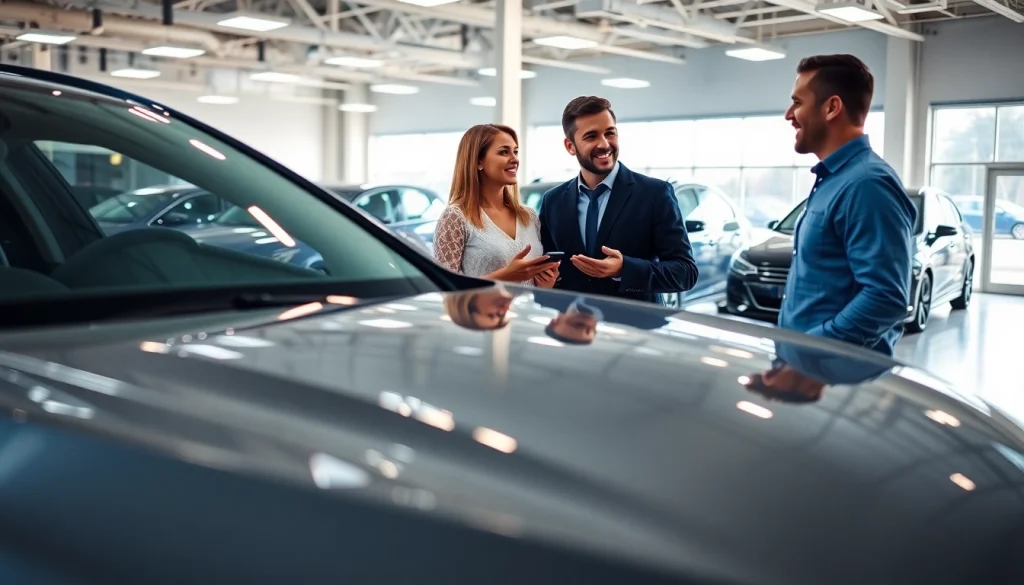 Engaging part exchange discussion between a customer and a salesman with modern cars.