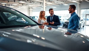 Engaging part exchange discussion between a customer and a salesman with modern cars.