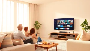 Family enjoying diverse IPTV Subscription USA channels in a cozy living room setting.