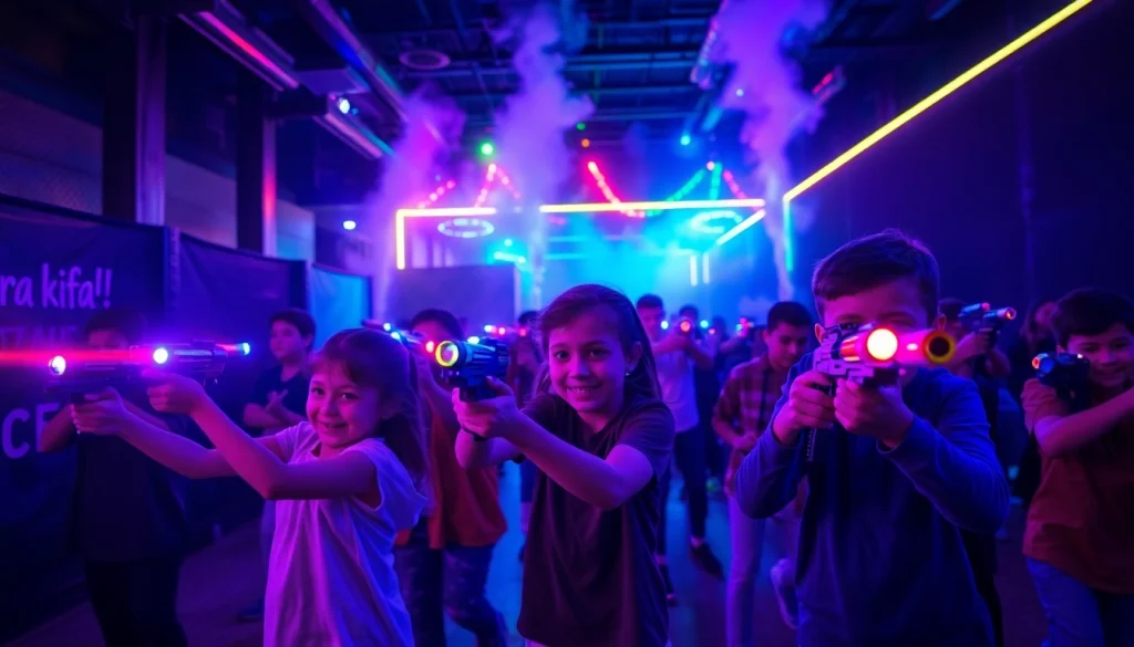 Players engaged in an exciting game of laser tag with vibrant lighting and equipment.