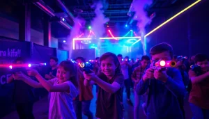 Players engaged in an exciting game of laser tag with vibrant lighting and equipment.