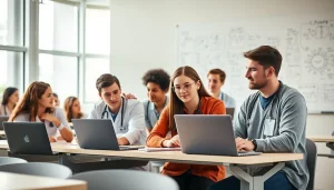 Studierende beim Medizinstudium ohne Test in einem modernen Klassenraum mit natürlichem Licht.