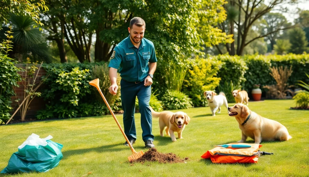 Dog clean up service technician efficiently cleaning a yard, ensuring a pet-friendly space.