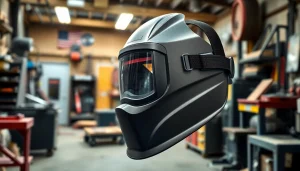Welding mask in a workshop emphasizing safety features and ergonomic design.
