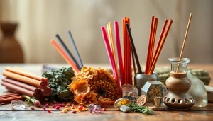 Incenses for cleansing displayed with soothing herbs and colorful elements.