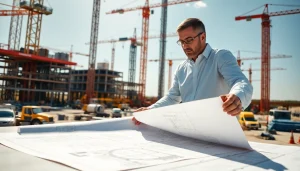 Reviewing NVQ level 7 senior construction management answers on-site with blueprints and cranes.