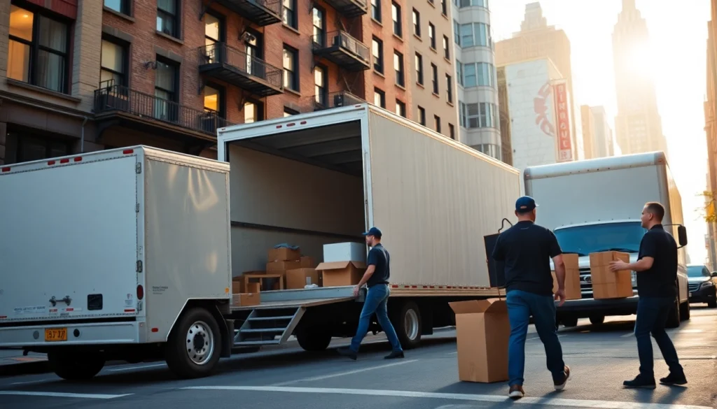 Efficient Cheap movers nyc loading furniture in front of an apartment building during sunset.