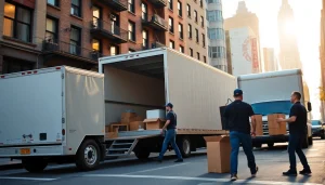 Efficient Cheap movers nyc loading furniture in front of an apartment building during sunset.