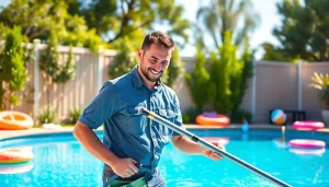 Technician providing pool cleaning service near me in a residential backyard.