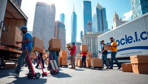 Watch cheap movers nyc efficiently manage packing and loading in a vibrant New York City setting.