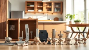 Showcase of furniture hardware manufacturers with elegant cabinet hardware in a bright, modern kitchen setting.
